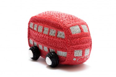 Natural rubber red double decker bus baby toy with grey windows and white and black wheels